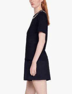 Sandro Merlin Embroidered Rhinestone-embellished Cotton-jersey T-shirt -Sweaty Bety Clothing Shop R03862957 NOIRGRIS ALT02