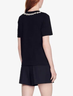 Sandro Merlin Embroidered Rhinestone-embellished Cotton-jersey T-shirt -Sweaty Bety Clothing Shop R03862957 NOIRGRIS ALT03