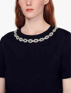 Sandro Merlin Embroidered Rhinestone-embellished Cotton-jersey T-shirt -Sweaty Bety Clothing Shop R03862957 NOIRGRIS ALT04