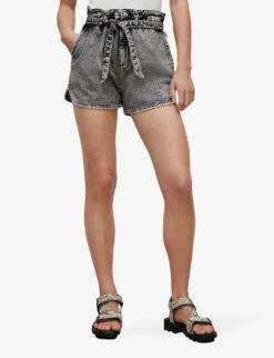 AllSaints Dale Paperbag-waist High-rise Stretch-denim Shorts -Sweaty Bety Clothing Shop R03875945 SNOWBLACK ALT02
