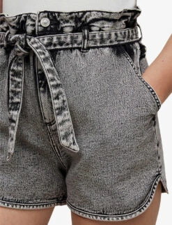 AllSaints Dale Paperbag-waist High-rise Stretch-denim Shorts -Sweaty Bety Clothing Shop R03875945 SNOWBLACK ALT04