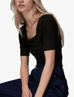 Whistles Square-neck Puffed-shoulder Stretch-woven T-shirt -Sweaty Bety Clothing Shop R03945998 BLACK ALT02