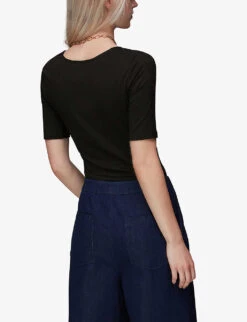 Whistles Square-neck Puffed-shoulder Stretch-woven T-shirt -Sweaty Bety Clothing Shop R03945998 BLACK ALT03