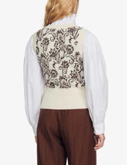 Sandro Brown Floral-jacquard Wool And Cashmere-knit Vest -Sweaty Bety Clothing Shop R03948141 NATURELS ALT03