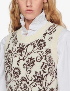 Sandro Brown Floral-jacquard Wool And Cashmere-knit Vest -Sweaty Bety Clothing Shop R03948141 NATURELS ALT04