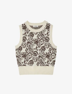 Sandro Brown Floral-jacquard Wool And Cashmere-knit Vest