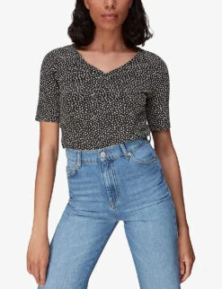 Whistles Ink Leopard-print Ruched Woven T-shirt -Sweaty Bety Clothing Shop R03963065 BLACK ALT02