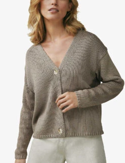 Buttoned V-neck Cotton-knit Cardigan -Sweaty Bety Clothing Shop R03989149 PUTTY ALT02