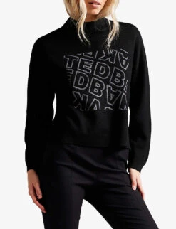 Ted Baker Elonia Logo-embroidered Mock-neck Stretch-knit Jumper -Sweaty Bety Clothing Shop R04004994 BLACK ALT02