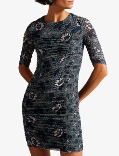 Ted Baker Velvit Floral-print Stretch-woven Bodycon Mini Dress -Sweaty Bety Clothing Shop R04006463 NAVY ALT02