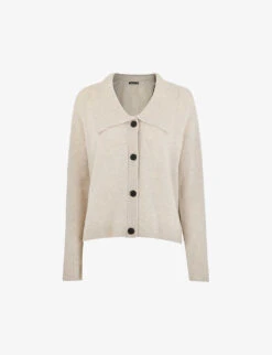 Whistles Oversized-collar Ribbed-trim Wool Cardigan