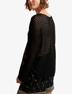V-neck Relaxed-fit Organic-cotton Crochet Jumper -Sweaty Bety Clothing Shop R04044639 BLACK ALT02