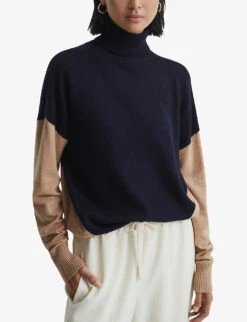 Reiss Nova Panelled Block Wool And Cashmere-blend Roll-neck Jumper -Sweaty Bety Clothing Shop R04068258 NAVYCAMEL ALT02