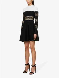 ALAIA Cut-out Flared-hem Stretch-woven Mini Dress -Sweaty Bety Clothing Shop R04076420 NOIRBLANC ALT02