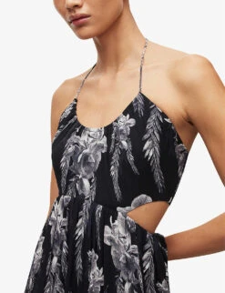 AllSaints Tatum Mia Floral-print Cut-out Crepe Midi Dress 11 AllSaints Tatum Mia Floral-print Cut-out Crepe Midi Dress -Sweaty Bety Clothing Shop R04082715 BLACK ALT04