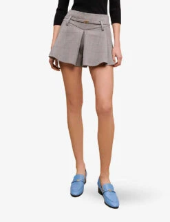Maje Iarreau Checked Frilled Stretch-wool Blend Shorts -Sweaty Bety Clothing Shop R04101748 NOIRGRIS ALT02