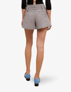 Maje Iarreau Checked Frilled Stretch-wool Blend Shorts -Sweaty Bety Clothing Shop R04101748 NOIRGRIS ALT03