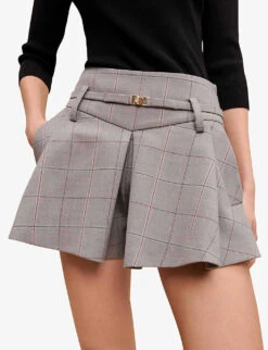 Maje Iarreau Checked Frilled Stretch-wool Blend Shorts -Sweaty Bety Clothing Shop R04101748 NOIRGRIS ALT04