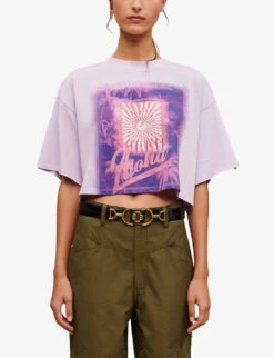 Maje Taloha Graphic-print Cropped Cotton-jersey T-shirt -Sweaty Bety Clothing Shop R04101857 VIOLETS ALT02