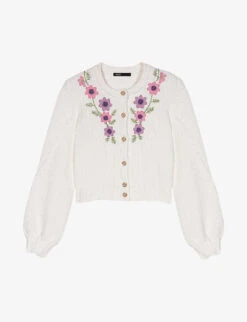 Maje Floral-embroidered Cropped Cotton-blend Cardigan
