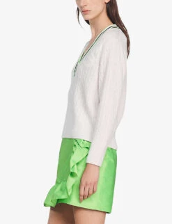 Sandro Aubin Logo-embroidered V-neck Wool-blend Jumper -Sweaty Bety Clothing Shop R04102263 NATURELS ALT02