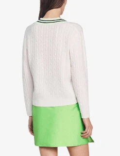 Sandro Aubin Logo-embroidered V-neck Wool-blend Jumper -Sweaty Bety Clothing Shop R04102263 NATURELS ALT03