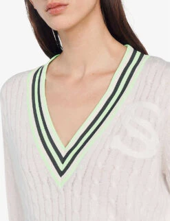Sandro Aubin Logo-embroidered V-neck Wool-blend Jumper -Sweaty Bety Clothing Shop R04102263 NATURELS ALT04