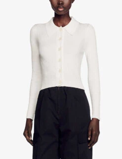 Sandro Olympe Cropped Collared Ribbed-knit Cardigan -Sweaty Bety Clothing Shop R04102388 NATURELS ALT02