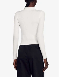 Sandro Olympe Cropped Collared Ribbed-knit Cardigan -Sweaty Bety Clothing Shop R04102388 NATURELS ALT03