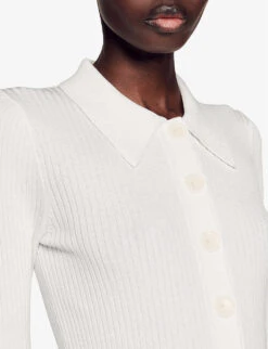Sandro Olympe Cropped Collared Ribbed-knit Cardigan -Sweaty Bety Clothing Shop R04102388 NATURELS ALT04