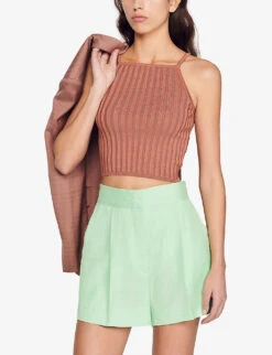 Sandro Laos Metallic Cropped Stretch-knit Top 8 Sandro Laos Metallic Cropped Stretch-knit Top -Sweaty Bety Clothing Shop R04102494 BRUNS ALT02