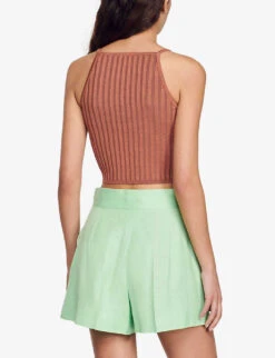 Sandro Laos Metallic Cropped Stretch-knit Top 9 Sandro Laos Metallic Cropped Stretch-knit Top -Sweaty Bety Clothing Shop R04102494 BRUNS ALT03