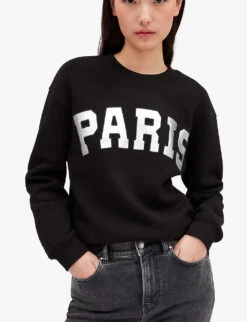 CLAUDIE PIERLOT Paris Patch-print Cotton-blend Jumper -Sweaty Bety Clothing Shop R04103280 NOIRGRIS ALT04