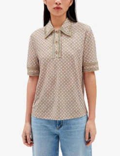 CLAUDIE PIERLOT Tioui Abstract-print Stretch-woven Polo Shirt -Sweaty Bety Clothing Shop R04103384 DIVERS ALT02