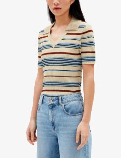 CLAUDIE PIERLOT Stripe-embellished Stretch-woven Polo Shirt 11 CLAUDIE PIERLOT Stripe-embellished Stretch-woven Polo Shirt -Sweaty Bety Clothing Shop R04103447 DIVERS ALT04