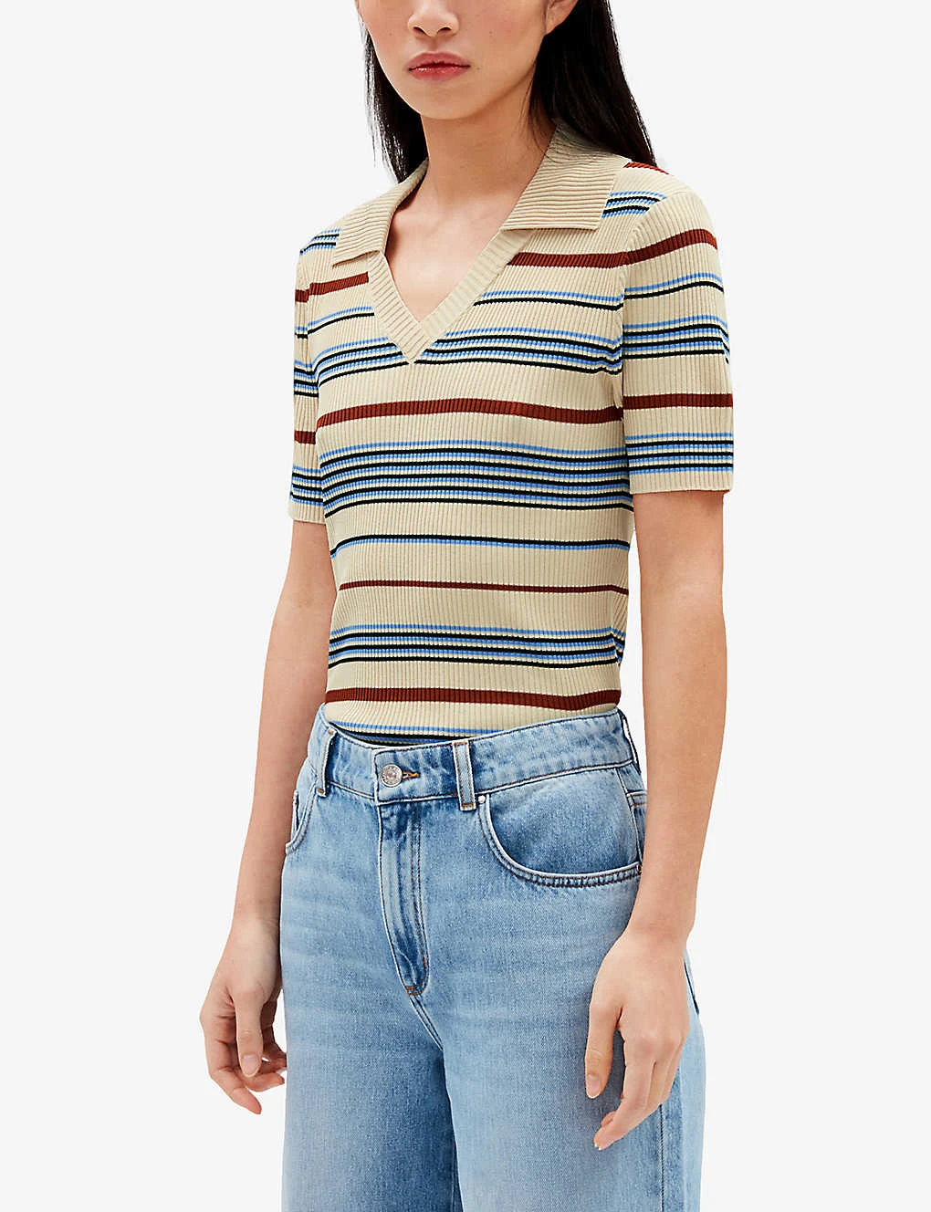 CLAUDIE PIERLOT Stripe-embellished Stretch-woven Polo Shirt 7 CLAUDIE PIERLOT Stripe-embellished Stretch-woven Polo Shirt - Image 5