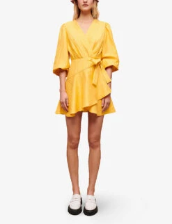 Maje V-neck Wrap-front Linen-blend Mini Dress -Sweaty Bety Clothing Shop R04105508 JAUNESORANGES ALT02