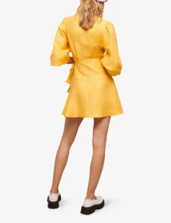 Maje V-neck Wrap-front Linen-blend Mini Dress -Sweaty Bety Clothing Shop R04105508 JAUNESORANGES ALT03