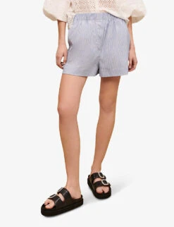 Maje Striped Elasticated-waist Stretch Cotton-blend Shorts 9 Maje Striped Elasticated-waist Stretch Cotton-blend Shorts -Sweaty Bety Clothing Shop R04121176 BLEUS ALT02