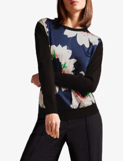 Ted Baker Marola Floral-print Panelled Satin And Knitted Jumper -Sweaty Bety Clothing Shop R04125136 DKNAVY ALT02