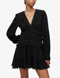 AllSaints Zora Ruffled Woven Mini Dress 9 AllSaints Zora Ruffled Woven Mini Dress -Sweaty Bety Clothing Shop R04136396 BLACK ALT02