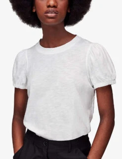 Whistles Puff-sleeved Keyhole Cotton-jersey T-shirt -Sweaty Bety Clothing Shop R04146881 WHITE ALT02