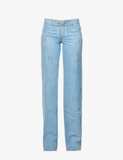 Straight-leg Mid-rise Rhinestone-embellished Jeans