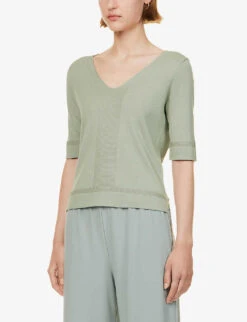 Max Mara Starlet V-neck Relaxed-fit Silk And Cotton-blend Top -Sweaty Bety Clothing Shop R04149124 SAGEGREEN ALT02
