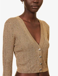 Metallic Crystal-embellished Woven-blend Cardigan -Sweaty Bety Clothing Shop R04149718 GOLD ALT04