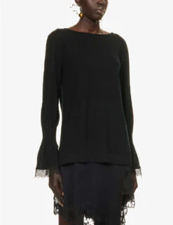 Alberta Ferretti Lace-trim Split-side Wool Knitted Top -Sweaty Bety Clothing Shop R04149941 BLACK ALT02