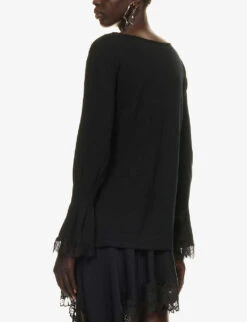 Alberta Ferretti Lace-trim Split-side Wool Knitted Top -Sweaty Bety Clothing Shop R04149941 BLACK ALT03