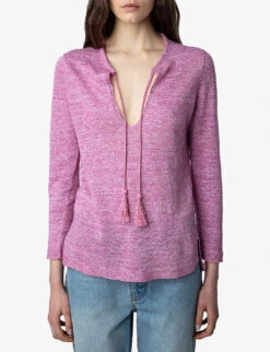 Zadig & Voltaire Amber Plunging-neck Organic Linen And Silk-blend Jumper -Sweaty Bety Clothing Shop R04151974 ROSE ALT02