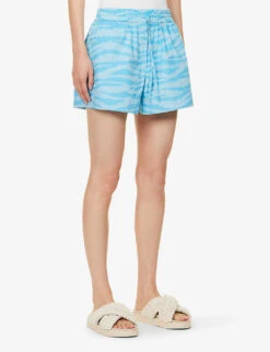 Ganni Tiger-print Drawstring-waist Organic-cotton Shorts -Sweaty Bety Clothing Shop R04152882 ETHEREALBLUE ALT02