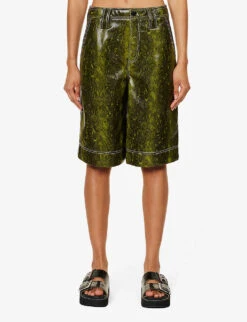 Ganni Snake-print Wide-leg Faux-leather Shorts 9 Ganni Snake-print Wide-leg Faux-leather Shorts -Sweaty Bety Clothing Shop R04152927 SPINACHGREEN ALT02
